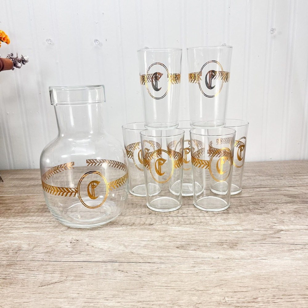 Vintage Libbey Decanter and Glass Set of 7: Letter C Monogram Glassware